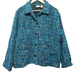 Chicos 3 Womens Jacket XL Blue Black Boucle Tweed Button Front Classic Preppy